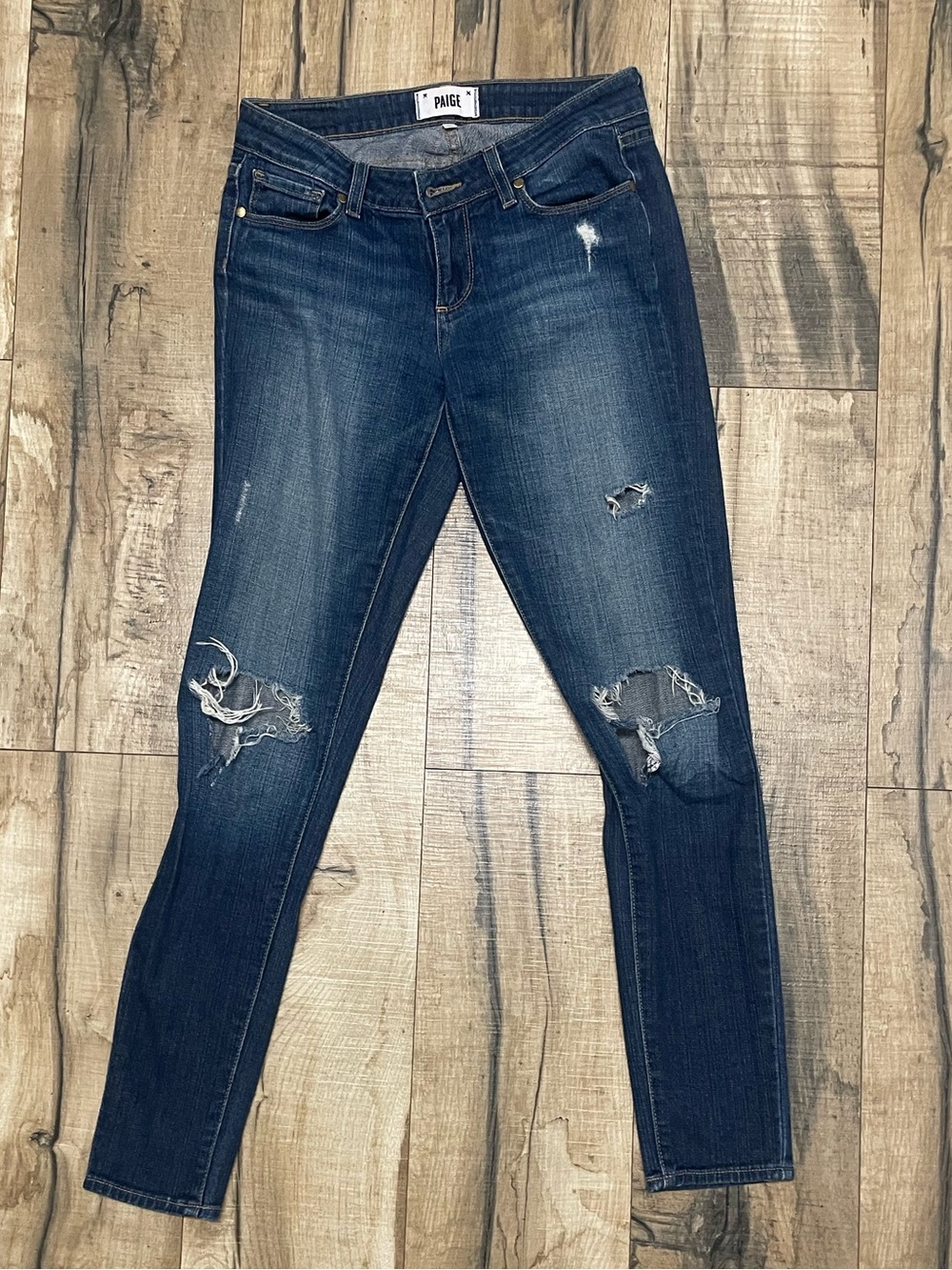 PAIGE Mid-Rise Dark Blue Distressed Skinny Jeans - Women